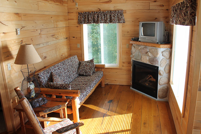 Cabin Interior Fireplace and sitting area
